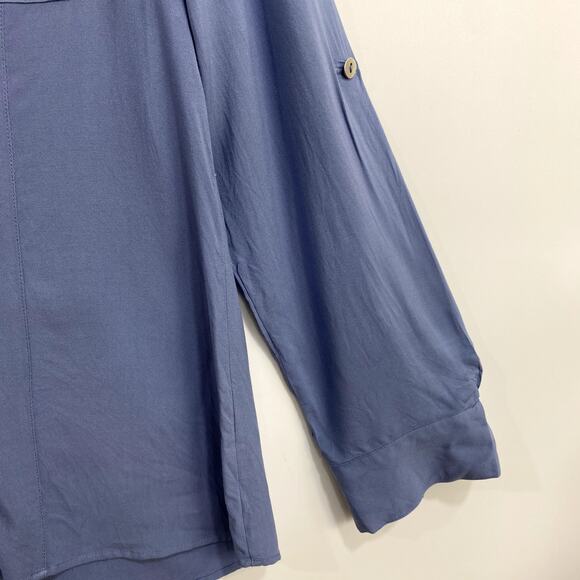Soft Surroundings Blouse Women's Large No Size Tag Blue Front Zip Top Roll Tab - Picture 4 of 11